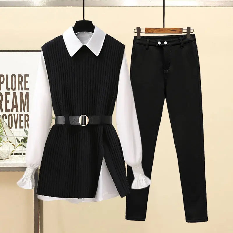 2026 Autumn Increased Size Korean Popular Chiffon Shirt Knitted Sweater Jeans Three Piece Elegant Women's Pants Set Tracksuit