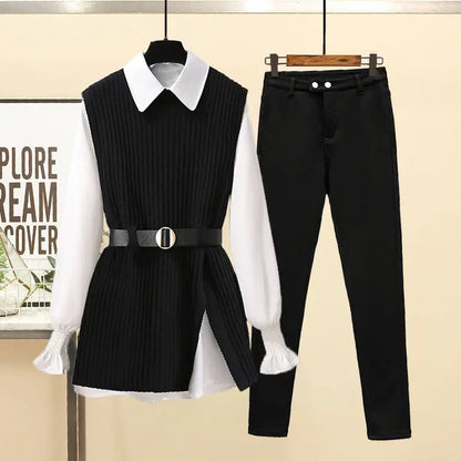 2026 Autumn Increased Size Korean Popular Chiffon Shirt Knitted Sweater Jeans Three Piece Elegant Women's Pants Set Tracksuit