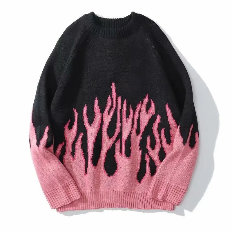 Hip Hop Mens Streetwear Harajuku Knitted Sweater Blue Fire Flame 2026 Autumn Sweater Pullover Loose HipHop Retro Vintage