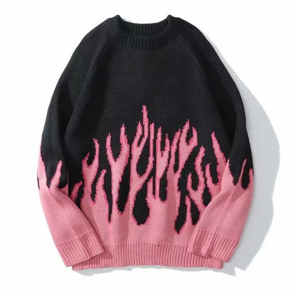 Hip Hop Mens Streetwear Harajuku Knitted Sweater Blue Fire Flame 2026 Autumn Sweater Pullover Loose HipHop Retro Vintage