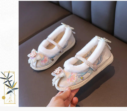 Kids Princess Embroidery Shoes Girls Winter Warm Cotton Shoes Traditional Chinese Style Children Hanfu Performance Flats Shoes