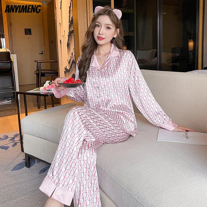 Women Casual Luxury Pajamas Thin Pajamas Female Sleepwear New Elegant Ladies Faux Silk Polyester Dots Pajama Sets Sexy Home wear