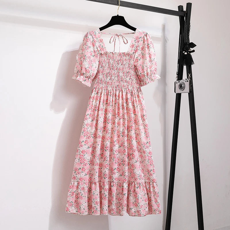 Summer Pleated Women Chiffon Dresses Casual Beach Holiday Short Sleeve Square Collar Woman Midi Dress Bohemian