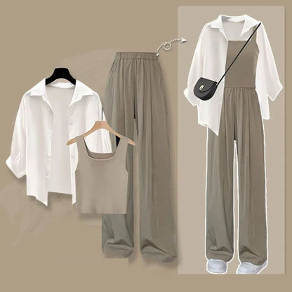 2026 Summer New Fashion Tracksuit Matching Set Women's Elegant White Sunscreen Shirt+ Vest+ Casual Wide Leg Pants 3-Piece Suit