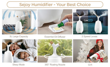 SEJOY Humidifiers for Large Room 5L Ultrasonic Cool Mist Humidifier for Bedroom Ultra Quiet Top Fill Air Humidifier for Baby