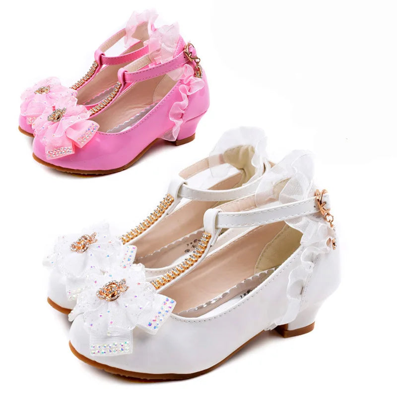 Children's Leather Shoes Girls High Heels White Princess Shoes Spring Autumn Kids Crystal Bow Party Student Performance Shoes