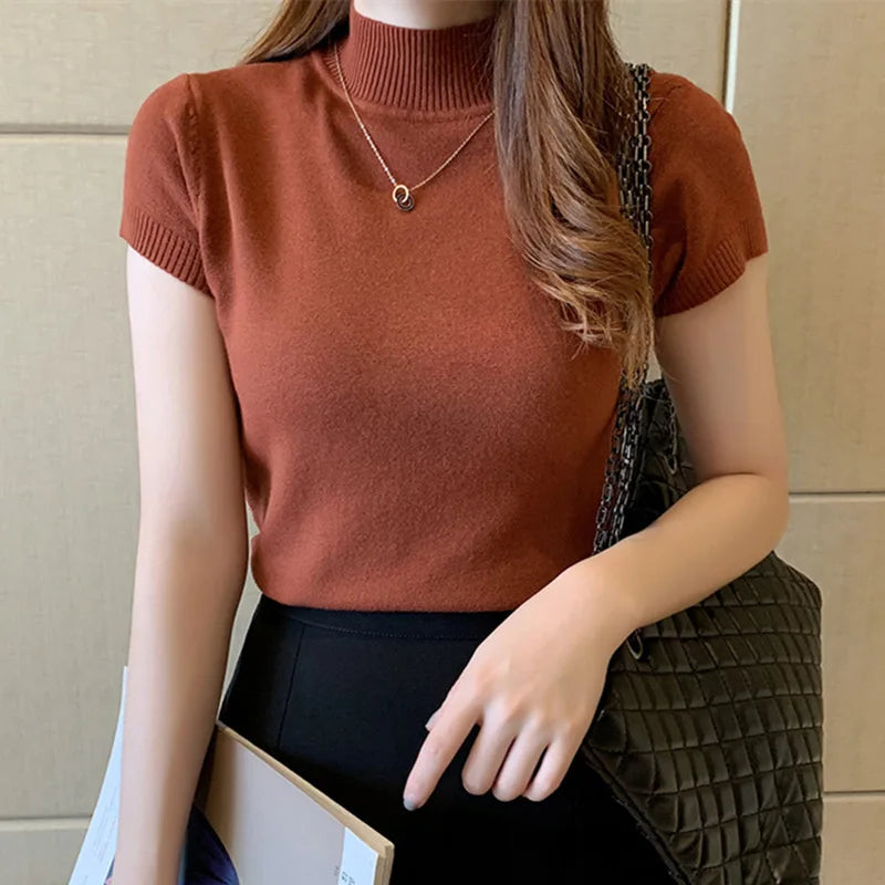 Solid Color Casual Women Clothing Korean Knitted Women Top Bulse Mujer De Moda Spring Summer Slim Turtleneck Blouse