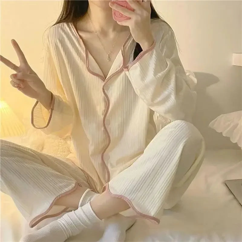 Women Long Sleeve Trousers Cotton Pajamas Dormir Lounge Sleepwear Solid White Pajama Mujer Bedroom Home Clothes Female Pajamas