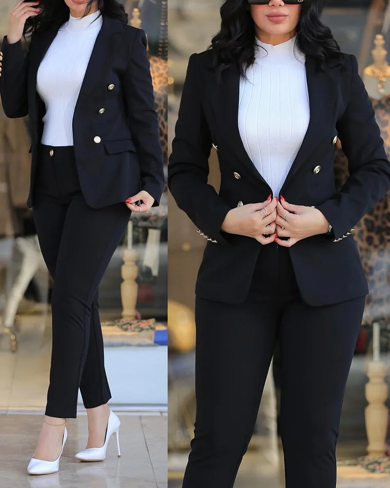 2pcs Women Office Clothing Set Long Sleeve Blazer Jacket & High Waist Pencil Pants Solid Color