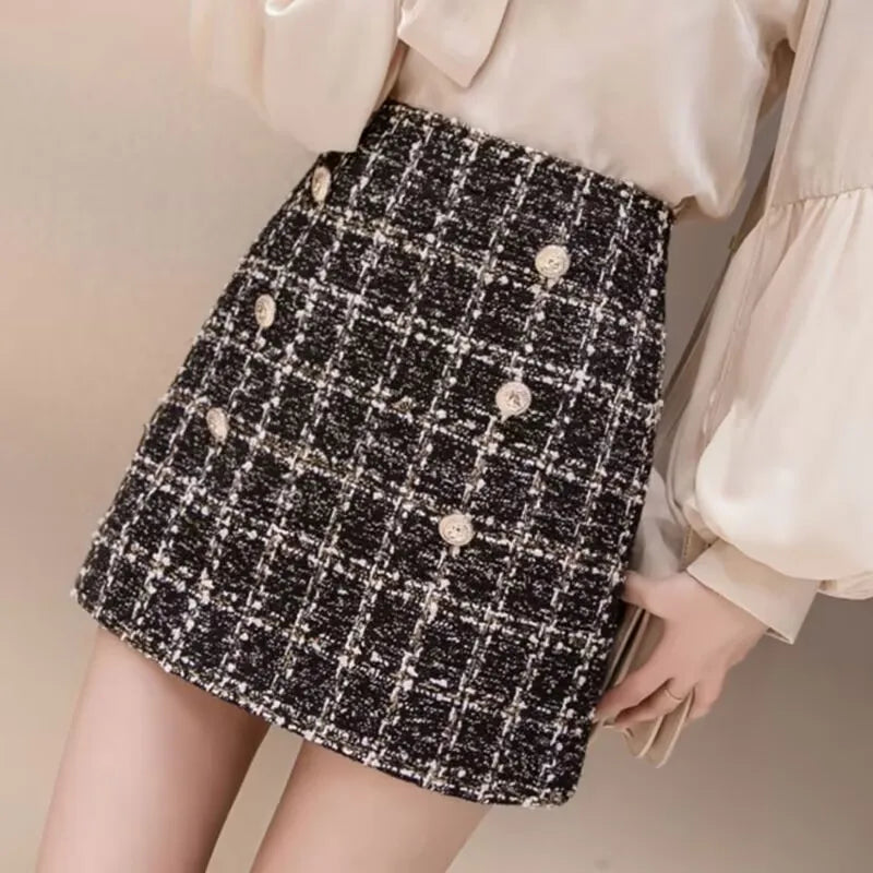 Tweed Skirts for Women Solid High Waist Slimming Skirts Autumn Spring 2026 Buttons Double Breasted Tweed Wool Mini Skirt