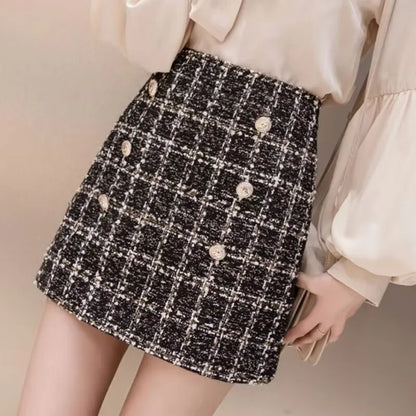 Tweed Skirts for Women Solid High Waist Slimming Skirts Autumn Spring 2026 Buttons Double Breasted Tweed Wool Mini Skirt