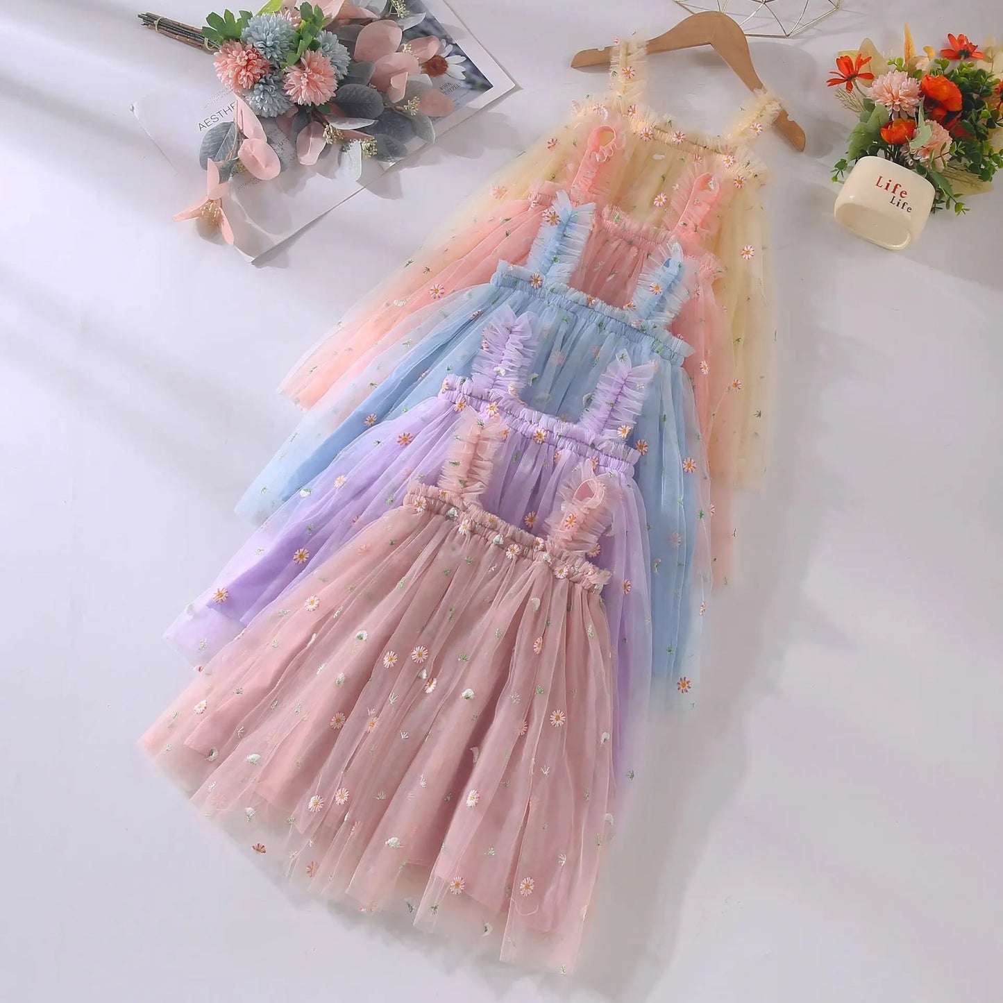Hot New Baby Girl clothes High Quality Flower Embroidery Halter Mesh Little Girls Dress Cute Baby Dress Sweet Princess Frock