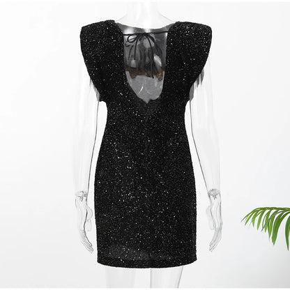 Elegant Woman Black Shiny Sleeveless Mini Dress Sexy Lace Up O Neck Slim Waist Short Dresses New Evening Party Vestidos 2025