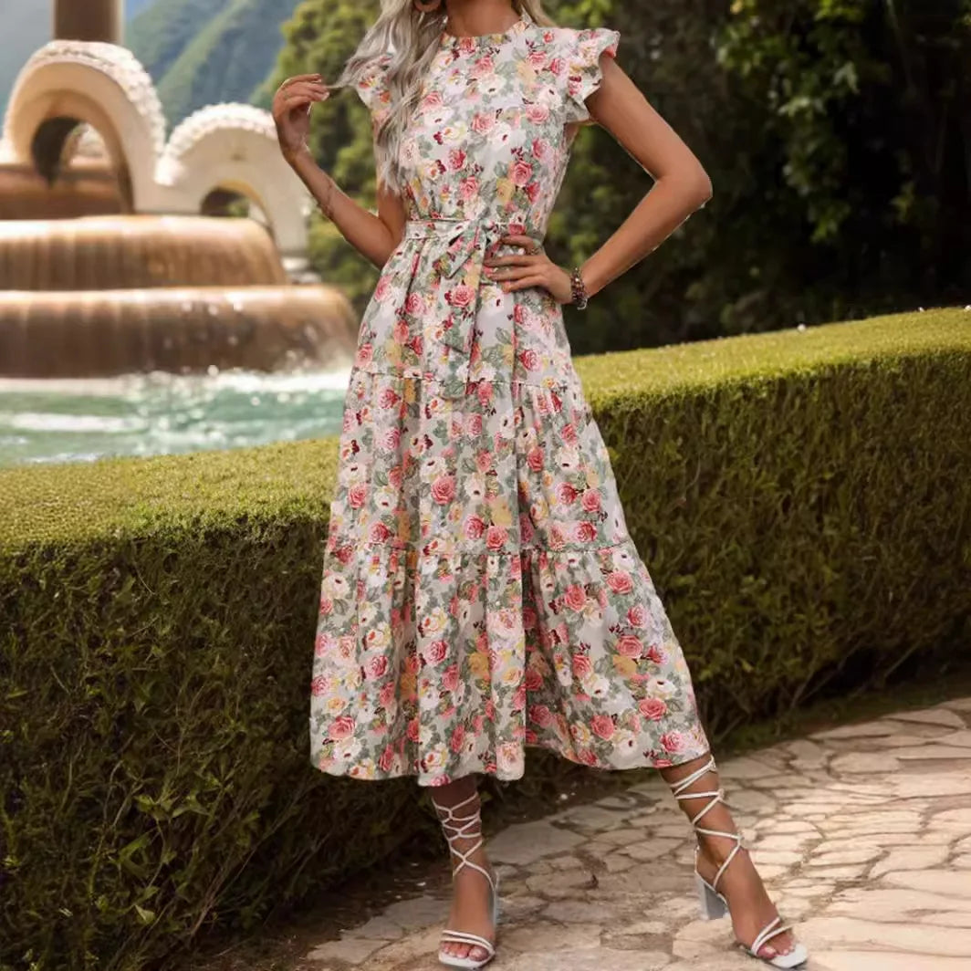 Elegant Floral Prints Dresses For Summer Women Dress 2026 New O-neck Short Flying Sleeves Lace Up High Waisted Midi Dress Woman