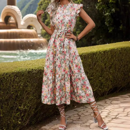 Elegant Floral Prints Dresses For Summer Women Dress 2026 New O-neck Short Flying Sleeves Lace Up High Waisted Midi Dress Woman