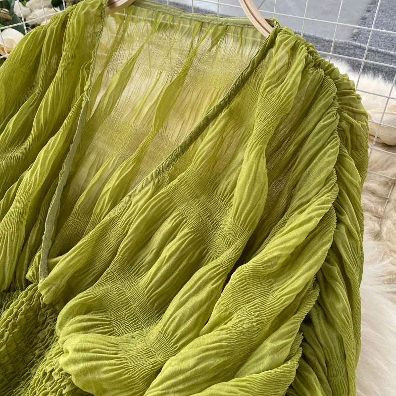 Women Sexy Chiffon Short Blouse Female See Through Super Long Sleeve Purple/Green/Black/White Folds Party Tops 2026 New