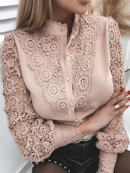 Shirts Elegant Office Ladies White Collared Lace Patchwork Hollow Out Button Up Women's Tops And Blouses 2026 Fashion New Blouse