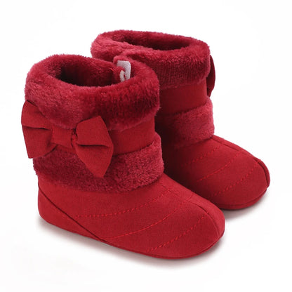 Cute Bowknot Comfortable Boots For Baby Girls Soft Warm Plus Fleece Boots For Indoor Walking Autumn And Winter