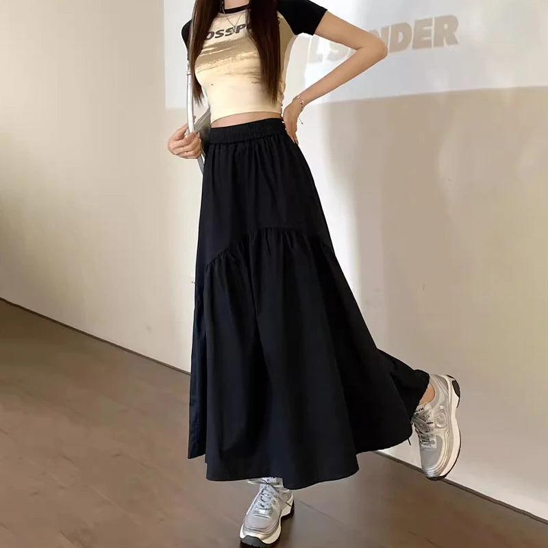 Spring Summer Women Chiffon Skirts Vintage High Waist Elastic Patchwork White Black Chic Long Cake A-line Skirt for Student