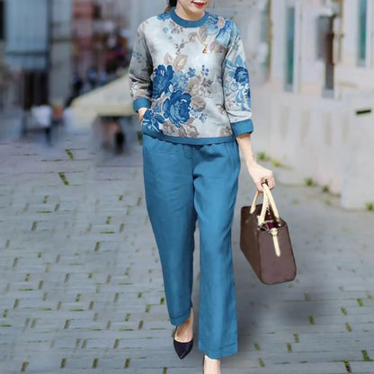 Summer Sets Large Silk Wide Leg Trouser Set Women's Spring 2026 New Print Silk Fashion Slim Two Piece Set Female Elegant