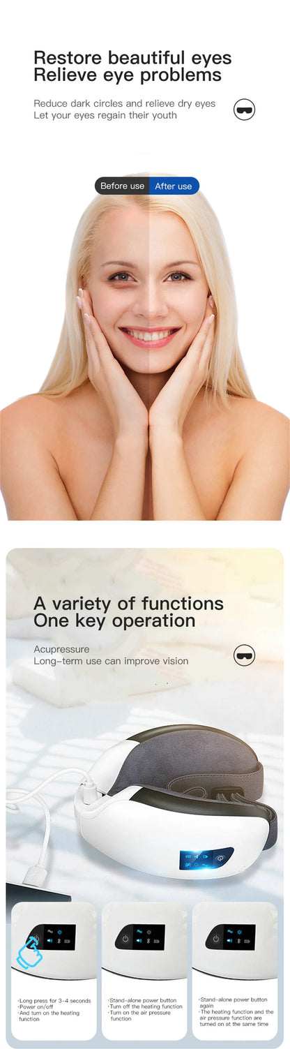 ‌Smart Eye Massager with Bluetooth Music, Air Pressure & Heat Therapy to Relieve Fatigue & Pain, Relax Body & Mind