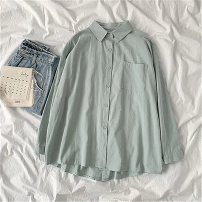 Solid White Shirt Women Casual Turn Down Collar Long Sleeve Pocket Women's Tops And Blouses Spring Office Lady Plus Size Shirts