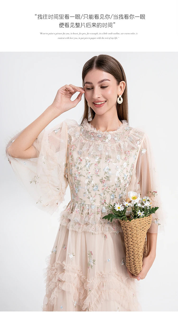 Runway Luxury Long Dresses Women 2025 Summer Holiday Embroidery Flower Ruffles Midi Party Evening Dress Lady Prom Vestidos