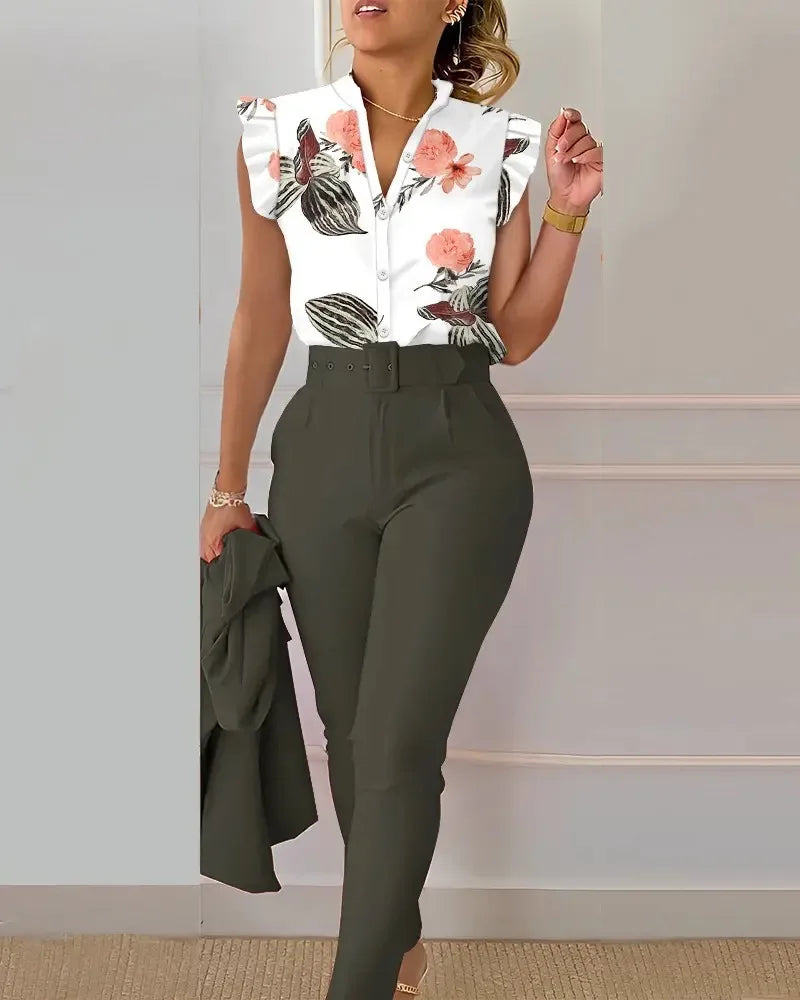 Womens Elegant Slim Two-Piece Sets Summer Fashion Print V Neck Button Flying Sleeve Shirt Top & Solid Long Pants Suits With Belt