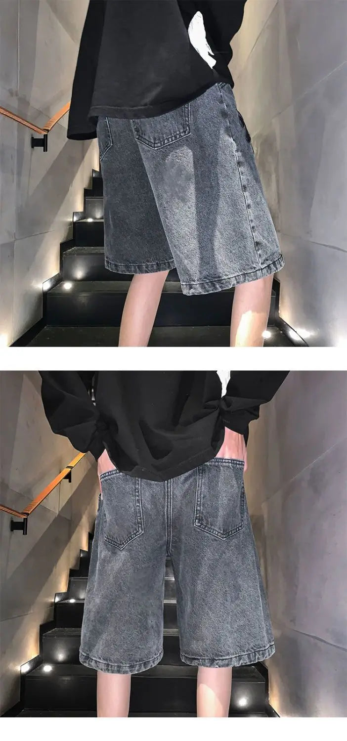 American cross-print denim shorts men's summer thin Hong Kong style loose trousers trendy brand retro casual mid-pants y2k tops