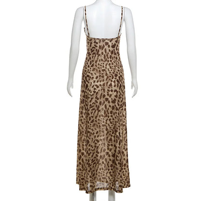 Vintage Leopard Print Chiffon Sexy Cami Dress Women V Neck Sleeveless Party Dress Fashion 2026 Summer Streetwear Dress