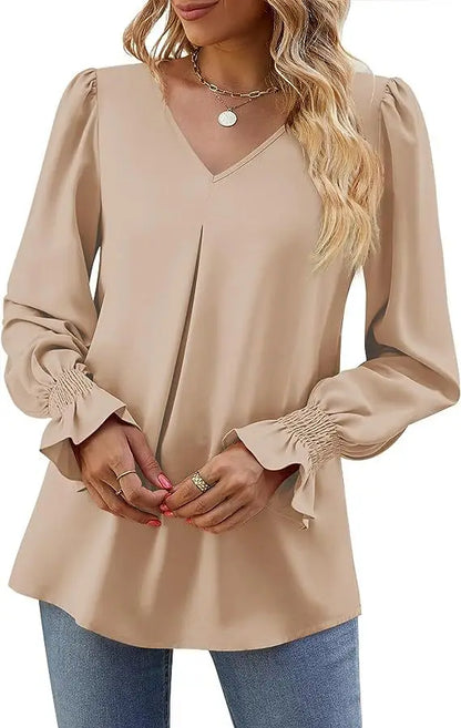 Women's New Solid Color Chiffon Shirt V-neck Pullover Flared Long Sleeved Top Shirt Office Lady Elegant Khaki Loose Blouse