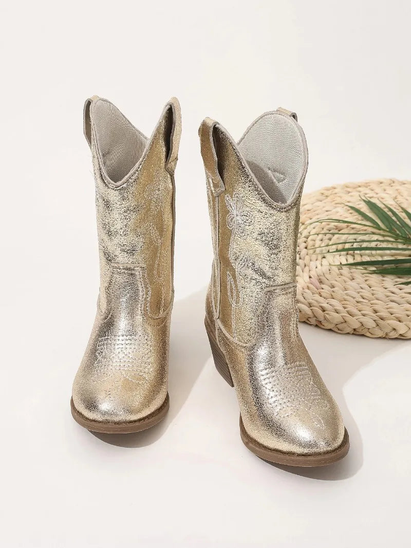 Luxury Gold Silver Western Knee High Boots Girls Premium Quality Slip-on Cowboy Long Booties Kids Heeled Point Toe Floral Botas