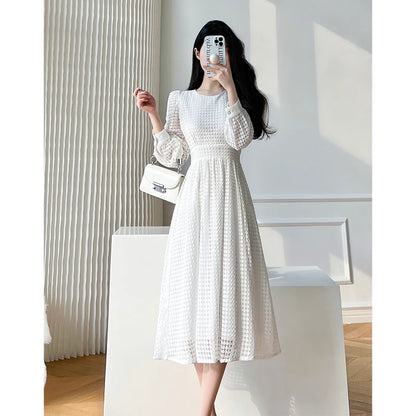 Lace Long Sleeves White Midi Dresses for Women 2026 New Autumn French Elegant Fashion Evening Wedding Party Robe Female Clothing