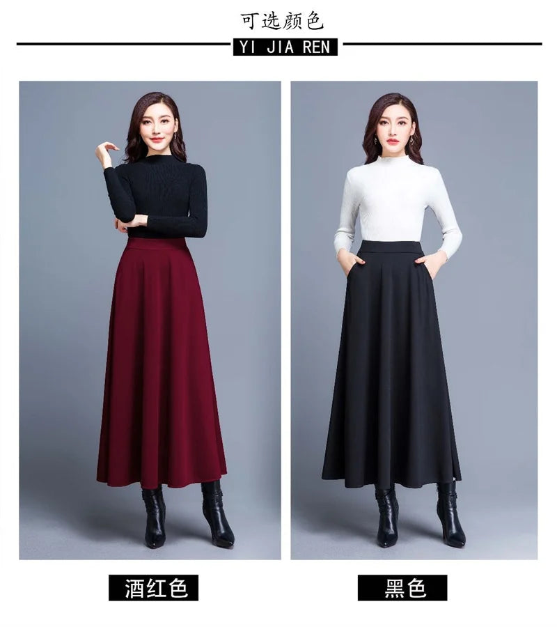 Spring Autumn Large Size A-Line Skirts Women Elastic High Waist Wine Red Black Long Skirt Female Casual Solid Color Maxi Skirts