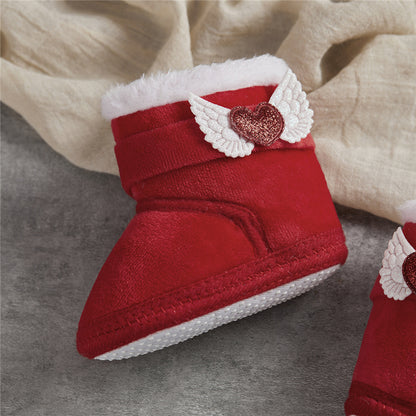 Suefunskry Newborn Baby Winter Snow Boots Contrast Color Ankle Boots Warm Plush Heart Wings Baby Walking Shoes for Toddler 0-18M