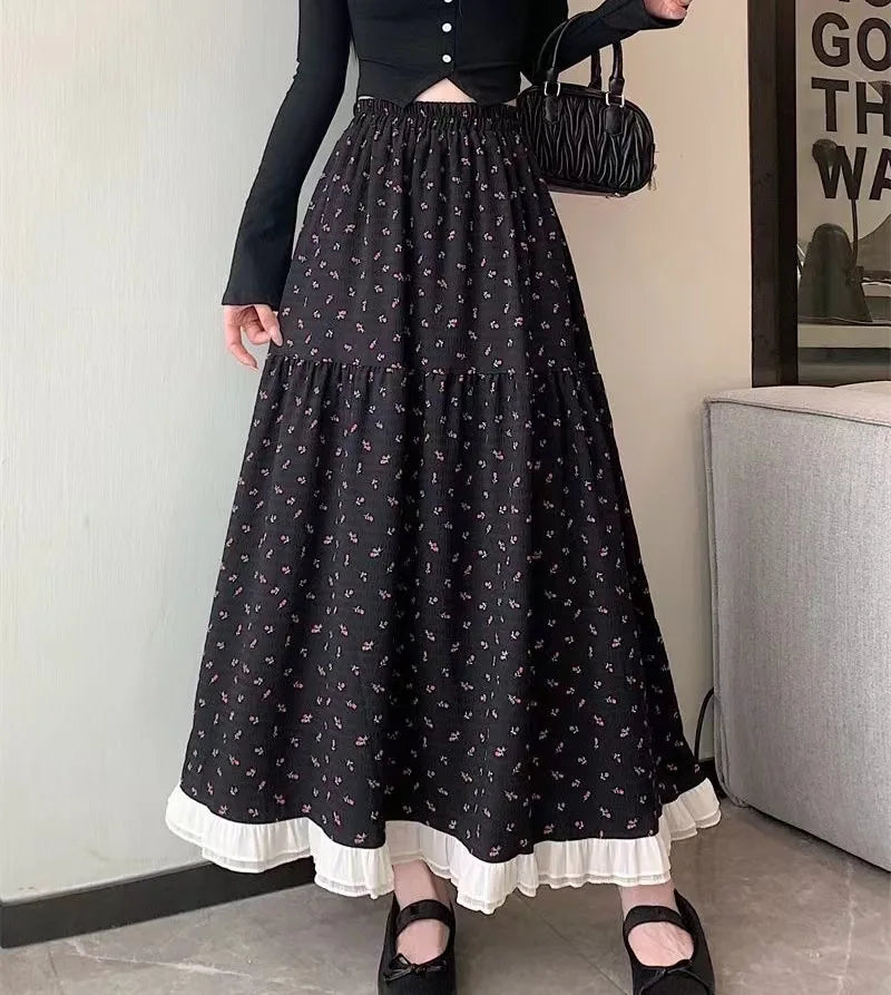 Summer White Floral Long Skirt Women's Y2k Clothes Fashion Elastic High Waist Casual Elegant Spliced Gauze Skirts for Women 2026
