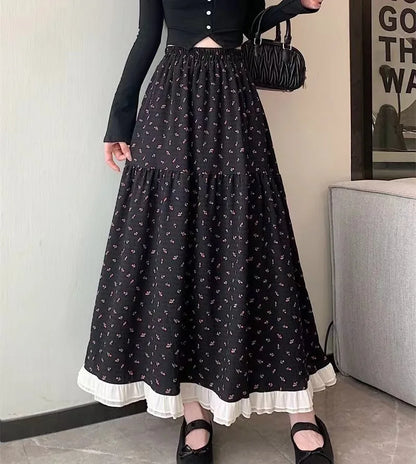 Summer White Floral Long Skirt Women's Y2k Clothes Fashion Elastic High Waist Casual Elegant Spliced Gauze Skirts for Women 2026
