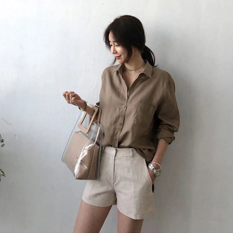 Leisure Long Sleeve Cotton Linen Loose Shirt Women Spring Summer Vintage Harjauku Streetwear Oversized Blouse Elegant Top Tunics