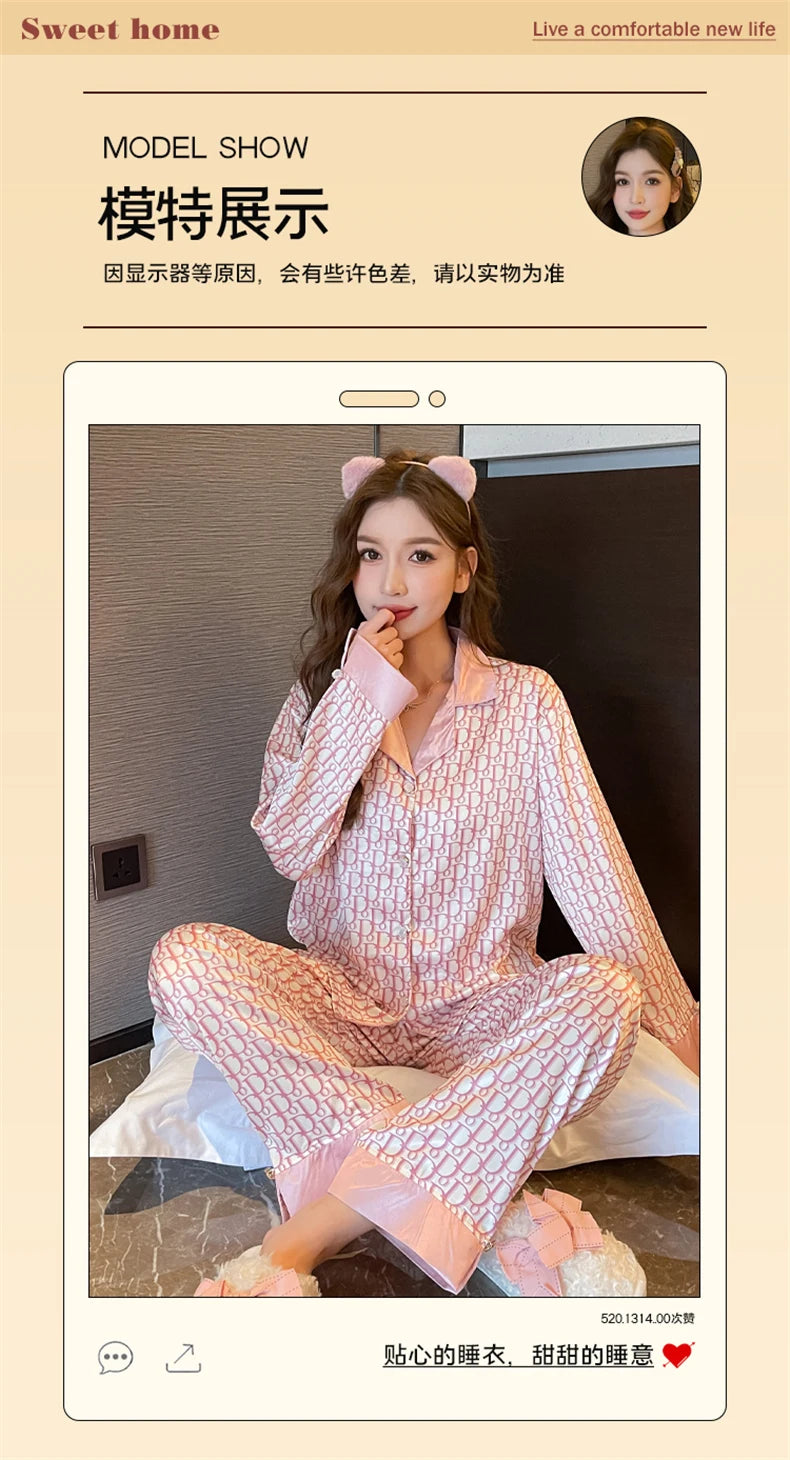 Women Casual Luxury Pajamas Thin Pajamas Female Sleepwear New Elegant Ladies Faux Silk Polyester Dots Pajama Sets Sexy Home wear