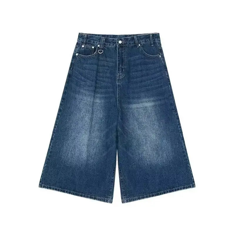 Retro Y2k Baggy  Women Men  Black Jeans Low Waist Casual Wide Pants Frayed Denim Shorts Big Size Clothes