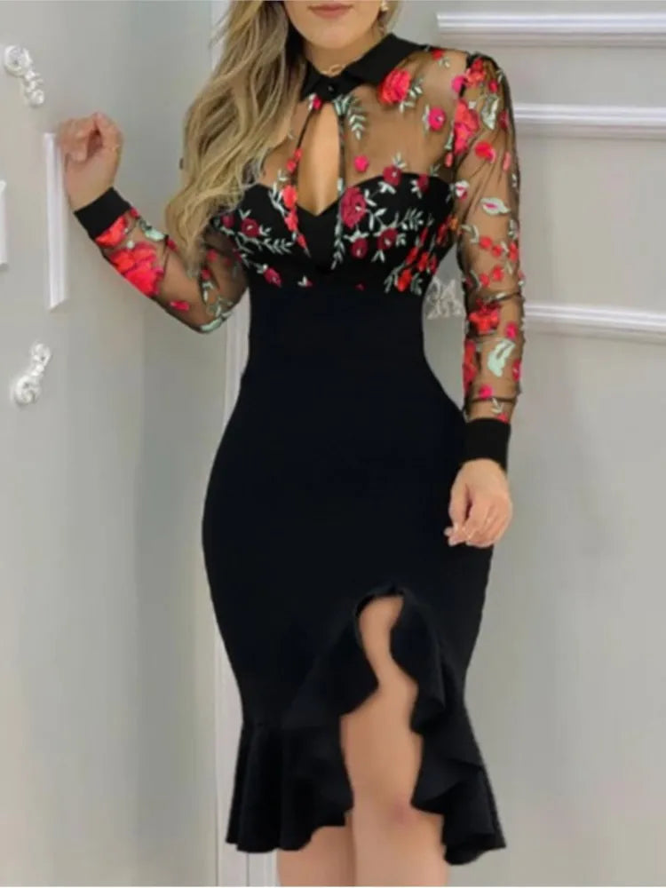 Long Dresses Spring Summer Sexy Mesh Ruffle Dress Women Long Sleeve Irregularity Midi Dress Fashion Print Elegant Party Dresses