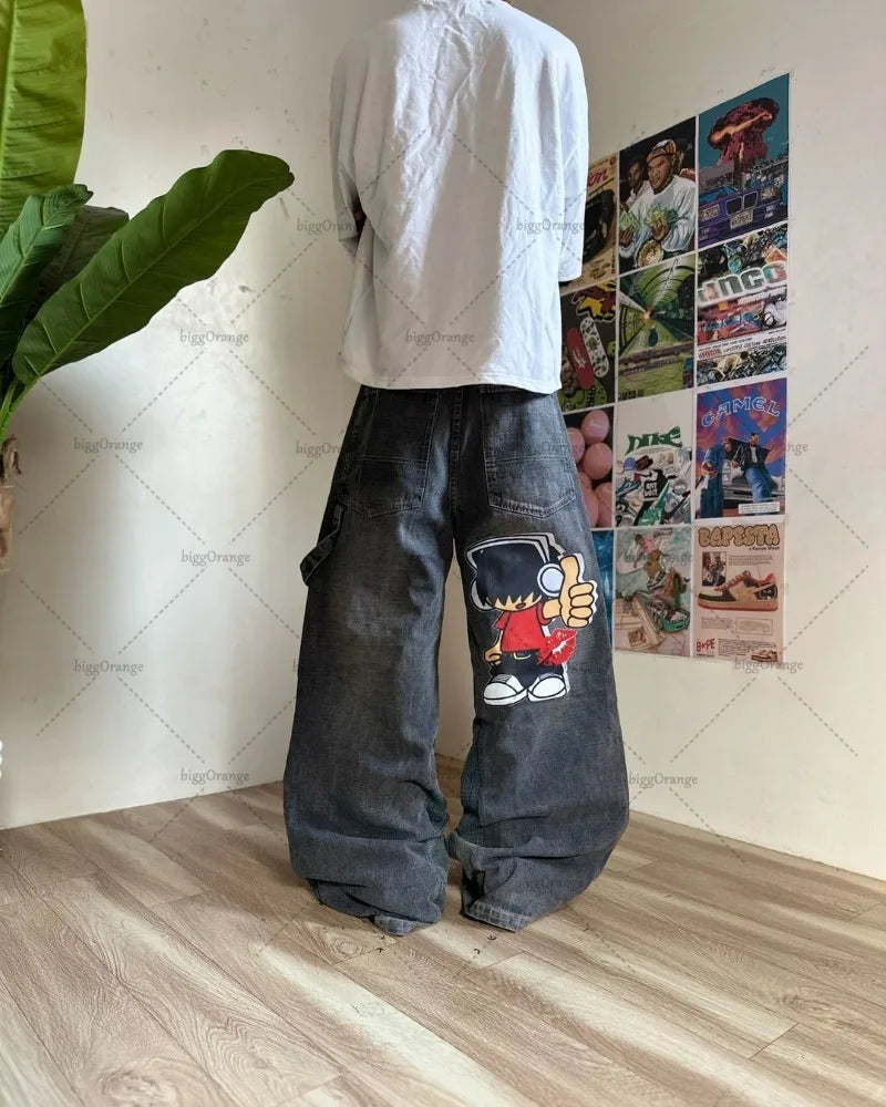 Y2K Harajuku Retro Washed Baggy Jeans Street Hip-hop Anime Printed Wide Pattern Straight Pants Men Trendy Brand Casual Trousers