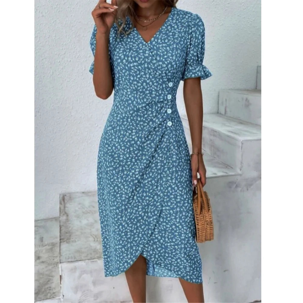 Elegant Ladies Midi Dress Geometric Button Split Dress Платья Vestidos Medievales Para Mujer De Verano Elbiseler Jurken Dames