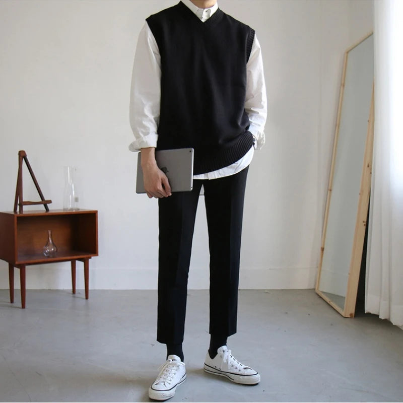 Black Sweater Vest Men Hot Sales Korean Style Chic Solid Autumn Basic Casual Sleeveless Knitwear V-neck Retro Loose High Street