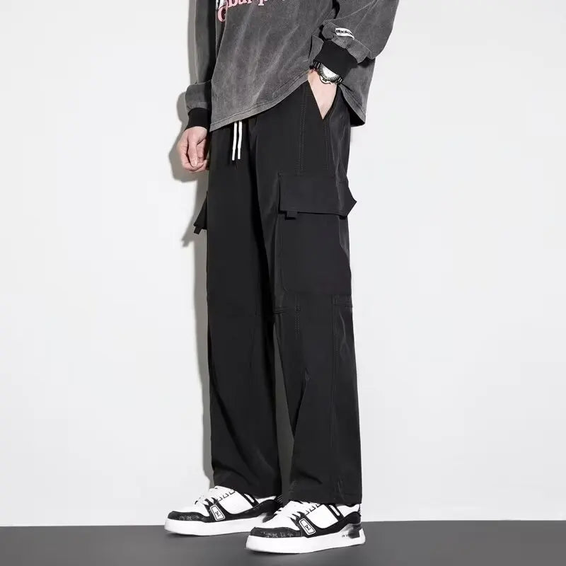 Thick and stretchy straight leg elastic waistband versatile casual long pants for men in autumn and winter, warm pure cotton pan