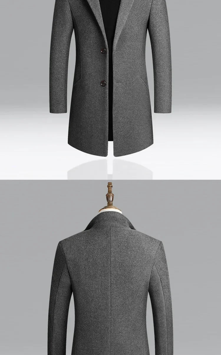 Men's Autumn Winter Long Woolen Coats Men's Business Office Casual Slim Solid Wool Windbreaker Thicken Warm Trench Jacket