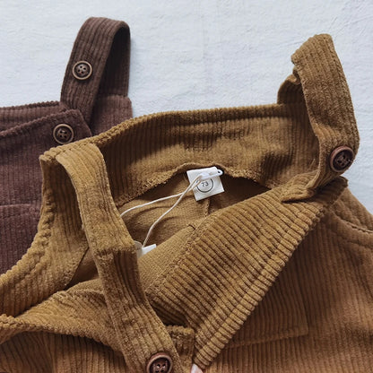 2025 New Korean Toddler Baby Boys Corduroy Overalls Casual Look Front Pocket One Piece Baby Pants Girls Trousers