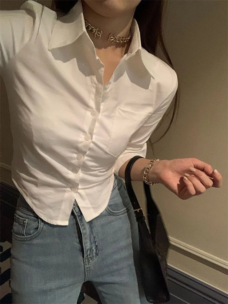 Korean White Office Women Chiffon Shirt Pocket Button Lapel Ladies Blouse Spring Commuter Long Sleeve New Female Crop Tops