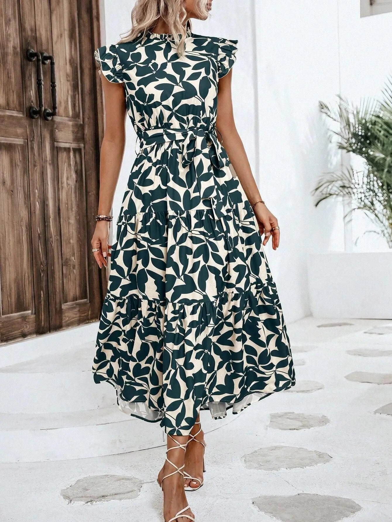 Elegant Women's Flower Midi Dress New Summer Fashion Stand Collar Flying Sleeve Lace Up Dress Casual Beach Holiday Dresses Robe