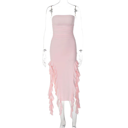 Elegant Strapless Sexy Maxi Dress Women's Irregular Tassel 2025 Summer Trend Skinny Split Bodycon Birthday Party Clubwear Dress